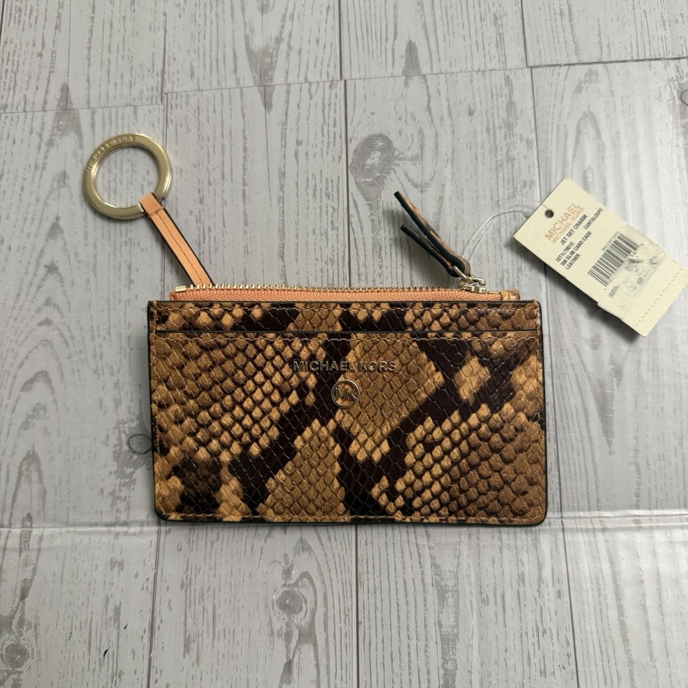 Michael Kors MK Logo Jet Set Charm Wallet Clutch Orange Snake $98‎ Keychain Zip